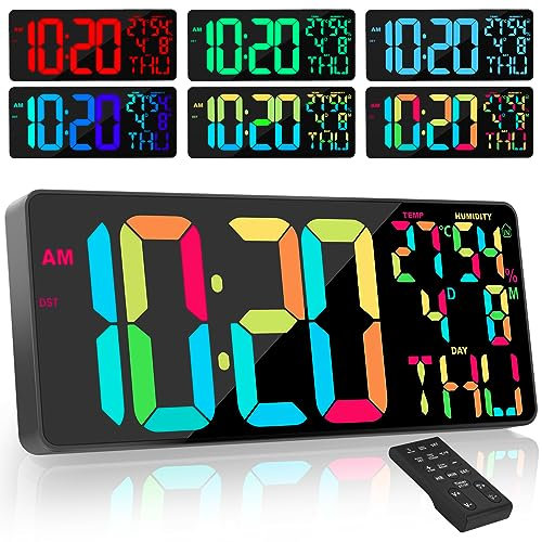 XREXS 18'' Reloj Digital Pared Grande con Cambio de Color RGB, Reloj Digital Pared con Control Remoto, Temperatura/Alarma/Fecha/Día (8 Idiomas)/Alarma/DST, Reloj de Pared Digital LED Brillo Ajustable