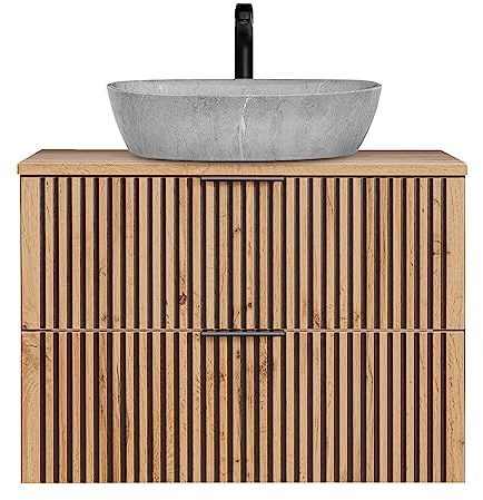 Lomadox Waschtisch schwarz gerillt Unterschrank hängend 80 cm mit Keramik Aufsatzwaschbecken anthrazit mit Eiche Nb. Waschbecken Beton Optik B/H/T: 80,6/72,7/46,5 cm
