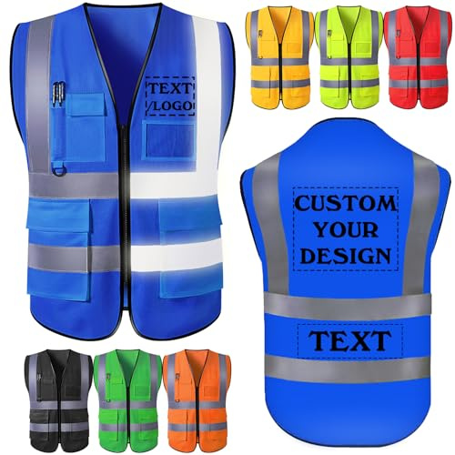 Roseshore Chaleco de Seguridad Personalizado para Hombre con Logo, Chaleco Reflectante de alta Visibilidad con Bolsillos y Cremallera, Chalecos de Seguridad Personalizados Clase 2 para Adultos Unisex