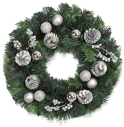 Ghirlanda natalizia da 40 cm, ghirlanda artificiale per porta di casa, ghirlanda di aghi di abete con palline di Natale, pigne, bacche, argento