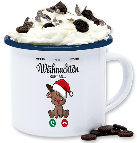 Emaille Tasse Blechtasse - Weihnachtstasse - Weihnachten ruft an mit süßem Rentier - 300 ml - Weiß Blau - weihnachtstassen christmas tassen weihnachtsbecher weihnachtsmotiv blechhäferl