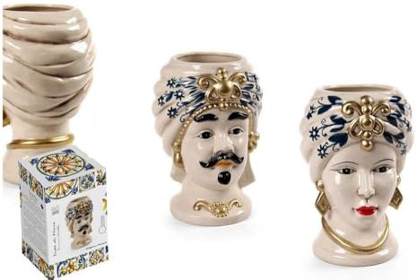 Coppia teste di moro regina e re in ceramica decorata stile siciliano vasi moderni gic (12 X H 18 CM, Oro)