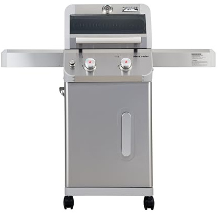 Monument Grills 2-Burner Stainless Steel Liquid Propane Gas Grill, Two Foldable Shelves Patio Garden Barbecue Grill with Clearview® Lid, Knob Control Mesa200S