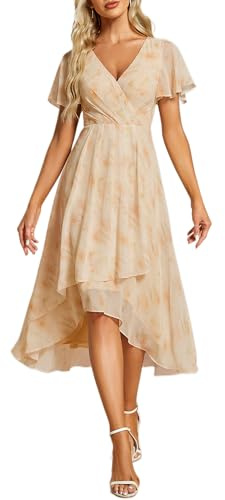 Ever-Pretty Brautjungfernkleid Asymmetrisches High Low A-Linie V Ausschnitt Rüschenärmel Elegante Ballkleid Goldene Rose 46