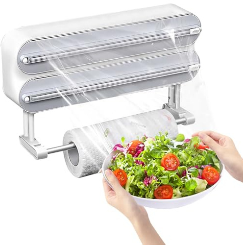 SH-RuiDu Magnetic Cling Film Dispenser, Refillable 3 in 1 Wall Mounted Kitchen Cling Foil Dispenser with Paper Towel Holder for Home Kitchen Cabinet Drawer