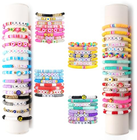 VOSO 32 Pcs Preppy Bracelets for Women Colorful Clay Bead Surfer Heishi Bracelet Set Stackable Boho Y2K Elastic Friendship Beaded Bracelets Summer Beach Layering Jewelry