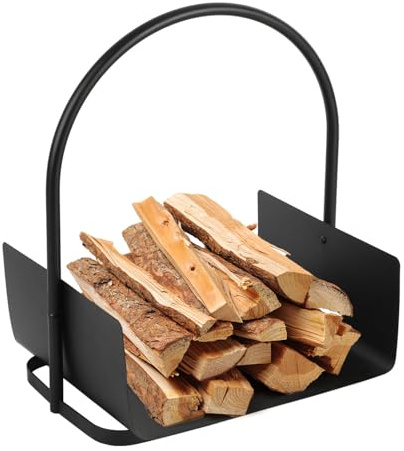 Vkechh Étagère à bois de cheminée pratique avec poignée - Panier en métal noir revêtu par pulvérisation - Petit et léger - Parfait pour l'intérieur comme rangement de bois ou panier de rangement - 40