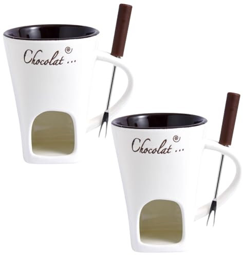 2pcs Chocolate Fondue Mug 200 ml résistant à la chaleur en céramique Fondue au chocolat avec fourchettes à fond réutilisable pour rendez-vous les cadeaux d'anniversaire de nuit et de mariage, Fondue