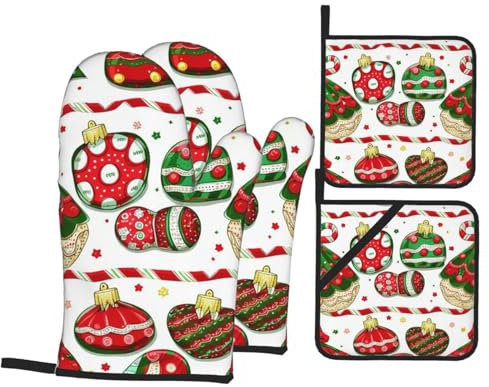Ofenhandschuhe und Topflappen-Set, Weihnachtskugeln, Süßigkeiten, hitzebeständig, Küchen-Backhandschuhe, rutschfeste Oberfläche zum Kochen, Backen, Grillen, Grillen