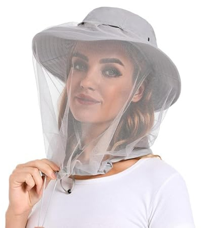 Mosquito Sun Net Hat Cap - Foldable Bug Hat UPF 50+ Sun Protection with Hidden Netting for Summer Beekeeping Hiking Men Women, Light Gray