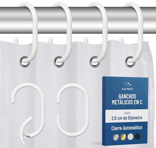 Blau Marité 12 duschdraperikrokar i metall, rostfria dekorativa C-formade draperikrokar för badrum, vita duschdraperiringar, passar stänger upp till 2,5 cm (C, vit)