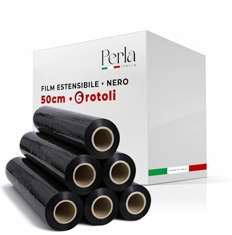 Perle, 6 rouleaux de film extensible emballage, film noir pour emballage, bobine poids 2,4 kg, hauteur 50 cm, épaisseur 23 mycron, rouleau de film multi-usage extra résistant pour l'expédition et le