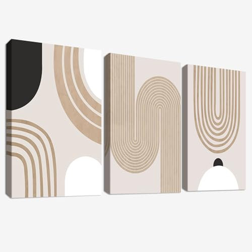 3 Pcs Wooden Framed Canvas Wall Art Canvas Prints Boho Minimalist Abstract Painting Caramel Beige Mid Century Geometric Pictures for Living Room Bedroom Bathroom Hallway Home Wall Decor 30x40 cm x3pcs
