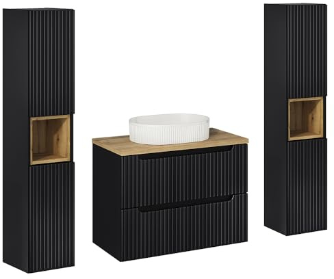 Lomadox Badezimmer Badmöbel Set 3-teilig, schwarz mit Eiche, gerillte Front, wandhängend, 80cm Waschtisch