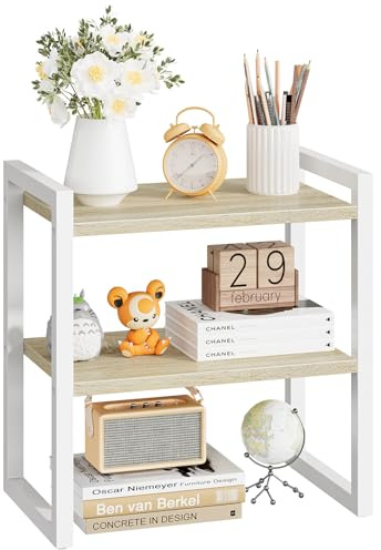 HOOBRO Scaffale da Scrivania a 2 Livelli, Organizer per Libri e Oggetti, Portaoggetti Mensola da Scrivania, per Ufficio, Studio, Cucina o Camera da Letto, Bianco e Naturale EWN37SJ01