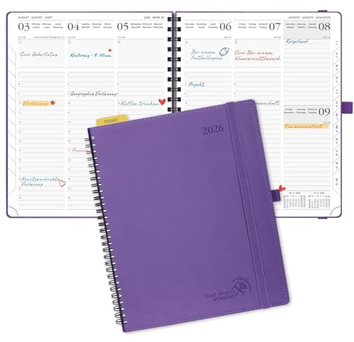 POPRUN Kalender 2026 Wochenplaner 26,5 x 21,5 cm, 12-Monate-Terminplaner Ringbuch (Jan.2026-Dez.2026), Buchkalender 1 Woche 2 Seite mit Softcover - Lila