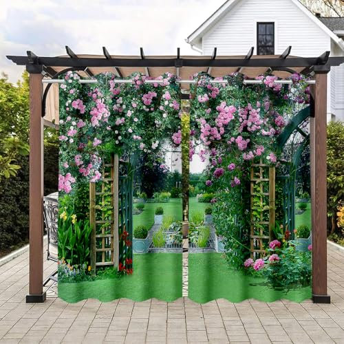 Hiseng Outdoor Vorhang Wasserdicht, Wetterfest Outdoor Pergola Vorhang Blickdicht 2 Stück Outdoorvorhänge Wetterfest Sichtschutz Sonnenschutz Balkon Pavillon, 3D-Landschaft (Blume,200x213cm)
