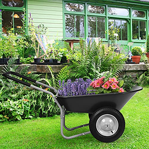COSTWAY skottkärra med 2 hjul, 75 l, skjutkärra 100 kg lastkraft, trädgårdskärra metallram, transportkärra för trädgård, trädgårdskorg med gummihandtag, trädgårdsskottkärra byggskottkärra (svart)