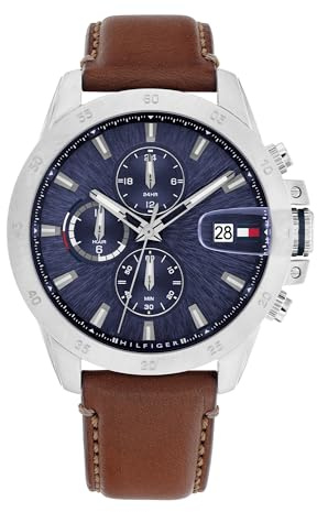 Tommy Hilfiger Quarzuhr mit Zwei Zeitzonen für Herren mit Edelstahlarmband oder Lederarmband