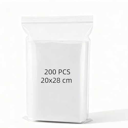 ZEONHEI Lot de 200 Sachets Plastique Transparent Zip - 20 x 28 cm - Sachets à Fermeture Éclair Réutilisables pour Rangement, Voyage, Bijoux, Papeterie