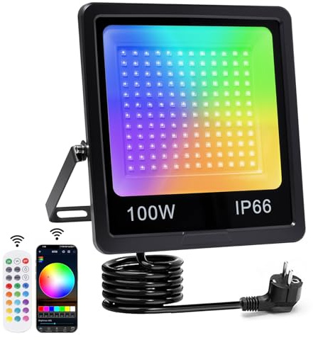 100W RGB LED Strahler, LED Fluter Außen, Mit Bluetooth APP Und 2.4G Fernbedienung, IP66 Wasserdicht Farbwechsel Dimmbar, 16 million Farben Flutlicht für Gärten, Innenhöfe,Party