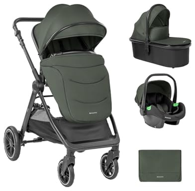 Kikka boo Kombikinderwagen Ava 3 in 1 Babywanne, Babyschale, Gummiräder, Tasche grün