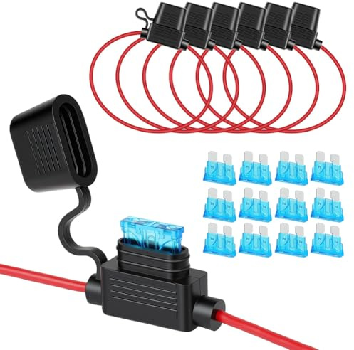 URAQT Sicherungshalter Kfz Standart 16AWG 6 Stück, Auto Sicherungshalter Kupferkabel, 12V Inline Flachsicherung Wasserdicht Halter mit 12 pcs 15A Kfz Standard Sicherungen | für Auto/Lkw/Motorrad/Boot