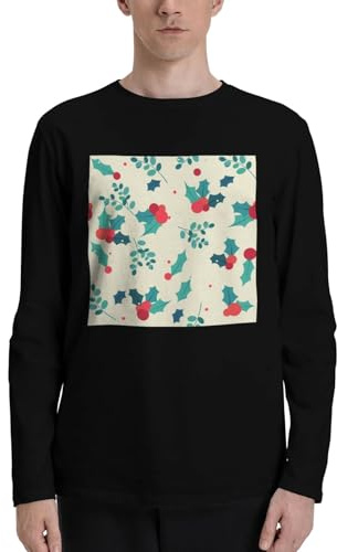 Pdnadfbek Photinia Arbutifolia Men's Long Sleeved Crew Neck Print Cotton Classic T-Shirt for Casual Sports and Fitness Black