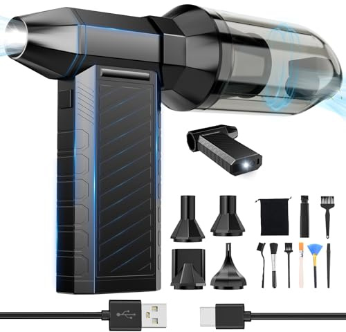Preciva Soplador de Aire Potente, Aire Comprimido Limpieza y Aspirador 2 en 1, Pistola Aire con Bateria 8000 mAh, 180000 RPM, Mini Sopladora Ajustable para PC, Teclado y Coche