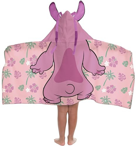 Jay Franco Kids Hooded Towel – 22 x 51 Super Soft Bath Wrap with 3D Hood, Beach, Pool & Travel, Official Licensed Product, Pink - Lilo and Stitch Angel