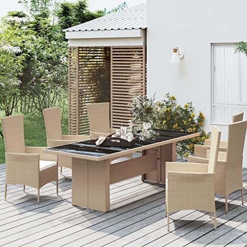 Hoopleep Gartentisch mit Glasplatte, Beige Poly Rattan, 240x90x75 cm, robuster Stahlrahmen, wasserfestes Design für Outdoor-Essbereiche, pflegeleicht