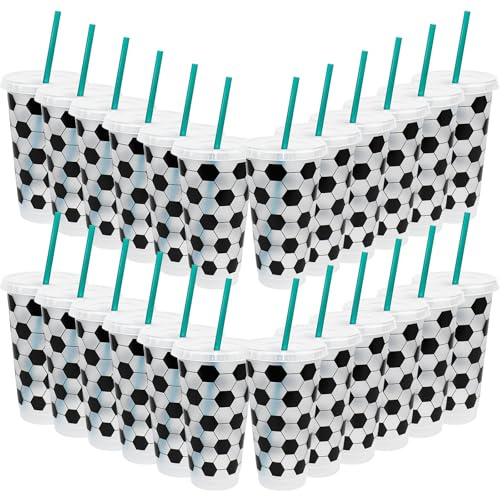 ASMIZ 24 Pcs Plastic Football Cups with Lid and Straw, 710 ml Tumblers | Reusable Design, Tumbler Bulk for Coach, Fans, Soccer Teams, Party Favours and Decorations, Clear