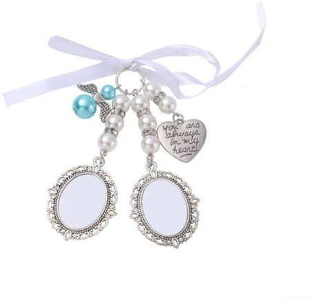 Lot de 2 pendentifs en forme de bouquet de mariée faits à la main en argent avec cadre photo en forme de cœur avec motif ange bleu et dentelle, compatible avec rideaux, sacs, poupées