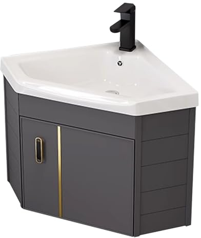 Kleines Eckwaschbecken zur Wandmontage, Eckwaschtisch-Kombination, Waschtischunterschrank mit Keramikwaschbecken und Schrank, dreieckiges Porzellan-Keramik-Waschbecken, für kleine Räume, eine Farbe,