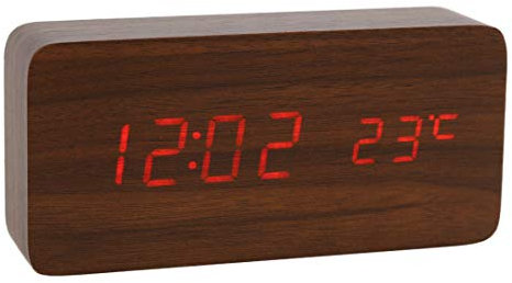 Lancoon HöLzerne Digitaluhr Multifunktions Led Wecker Mit Uhrzeit/Datum/Temperaturanzeige Und Sprachsteuerung Für Home Office Reisen AC11Brown_Red