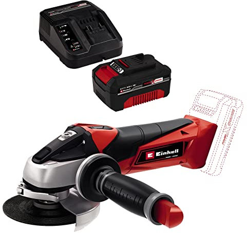 Einhell Expert TE-AG 18 Li Radial angular sin cable, hoja de sierra, 8500 rpm, 18 V, 12 W, color rojo y negro + 4512042 Kit con Cargador y batería 4.0 Ah de repuest, tiempo de carga: 60 Minutos