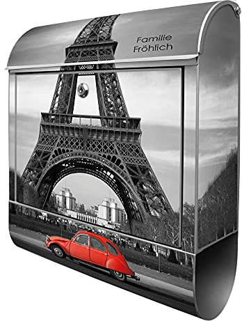banjado Design Briefkasten personalisiert Paris 38,5x46,5x13cm & 2 Schlüssel - Briefkasten Stahl Silber Zeitungsfach pulverbeschichtet - Postkasten A4 Einwurf inkl. Montagematerial