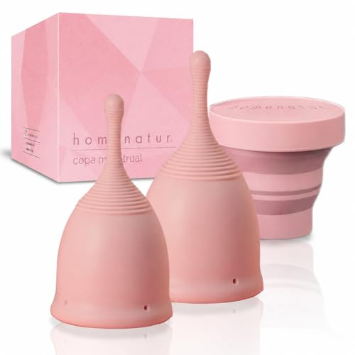 HOMENATUR Coppetta Mestruale - Set di 2 Coppe Mestruali Taglie S e L e Sterilizzatore Fieghevole - Silicone di Grado Medico - Certificato, Riutilizzabile, Morbida e Sicuro - Multifunzionale