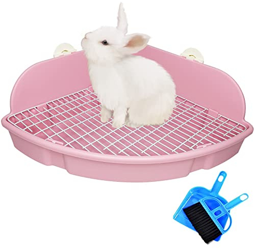 PINVNBY Large Rabbit Litter Box Small Animal Cage Toilet Pet Potty Bunny Corner Litter Box Trainer Bigger Pan Fan Shape Litter Boxes for Adult Ferret Guinea Pigs Chinchilla Galesaur (Pink)