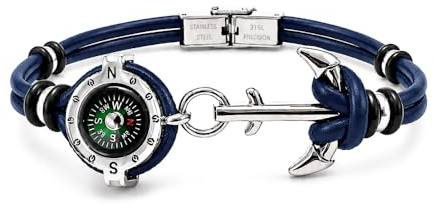 amorili Bracciale Uomo con Bussola Ancora in Acciaio Inox e Pelle Blu – Simbolo Nautico Marino – Idea Regalo Mare Estate – Braccialetto Elegante (blu2)