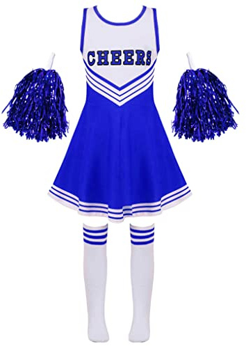 Zaldita Kinder Mädchen Cheer Leader Kostüm Ärmellos Cheer Minikleid + Socken + Pompons Cheerleading Kostüm Fasching Party Cosplay Costume