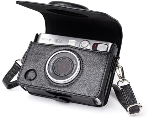 MUZIRI KINOKOO Mini EVO Protective Camera Case, PU Leather Case Compatible for Fuji Instax Mini EVO Instant Camera with Adjustable Shoulder Strap - Lychee Texture Horizontal Style Case in Black