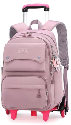 LANSHIYA Solid Color Girls Rolling Backpack with Wheels Schoolbag Elementary School Student Trolley Daypack