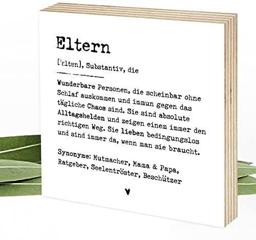 Wunderpixel® Holzbild Definition Eltern v1-15x15x2cm zum Hinstellen/Aufhängen, echter Fotodruck mit Spruch auf Holz - schwarz-weißes Wand-Bild Aufsteller Zuhause zur Dekoration Geschenk-Idee