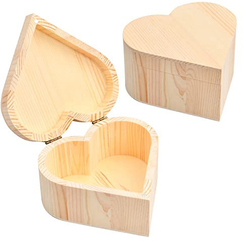 2 stycken trälåda med litet lock 13 x 13 x 7 cm, naturlig trä förvaringsbox, hjärtformat trä smyckeskrin för målning, trä dekorativa lådor för gör-det-själv hantverk present