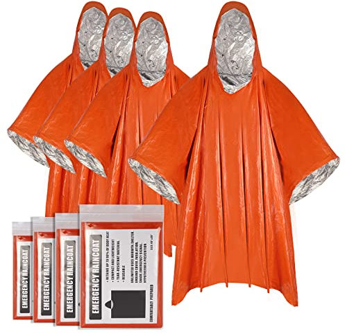 LAMA Poncho de Pluie d'urgence Rescue Poncho (Lot de 4), Sac de Bivouac, Veste de Pluie de Premiers Secours, Couverture d'urgence imperméable ultralégère, équipement de Survie extérieur, Orange