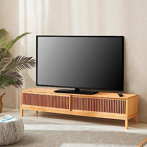 [en.casa] Mobile TV Tavolo Porta TV in Bambù 160 x 40 x 38 cm Mobile Basso da Soggiorno con 2 Ante Scorrevoli Mobile Supporto TV - color Naturale