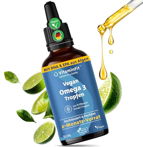 Omega-3 Tropfen Vegan – ohne Fischgeschmack – DHA & EPA – Omega-3TG aus nachhaltiger Algenöl 400 mg DHA und 148 mg EPA pro Tag – Hohe Dosierung – Vorrat für 2 Monate (50 ml)