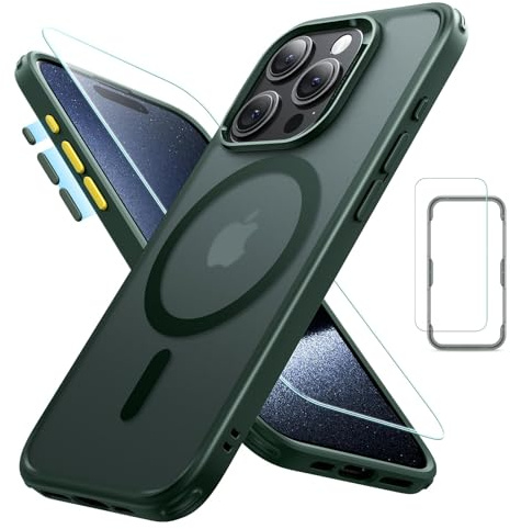 ESR für iPhone 15 Pro Max Hülle 4-in-1-Set, für MagSafe, Mattiertes Grün | mit Displayschutz, Militärischer Sturzschutz, Transluzente Matt-Hülle
