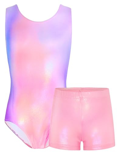TENVDA Gymnastics Leotards for Girls Tumbling Outfit Sets Size 4t 5t Sparkly Pink Purple Athletic Bodysuits Matching Shorts